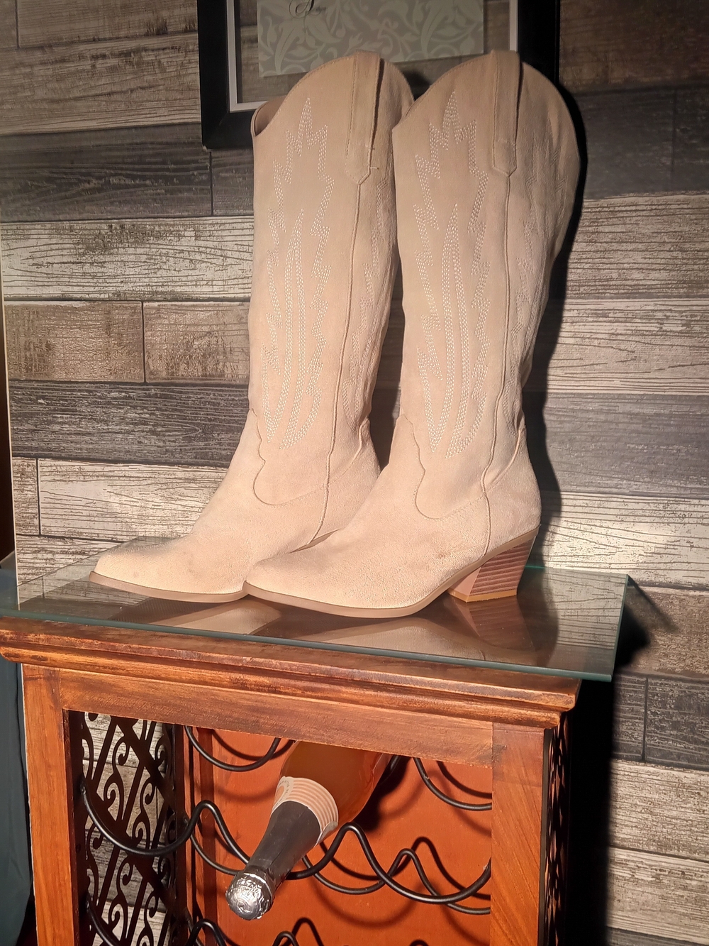 Women's Beige Suede Western Knee-High Boots